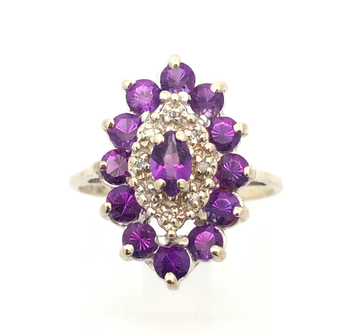 Estate 10K White Gold Amethyst Diamond Accented Statement Cocktail Ring