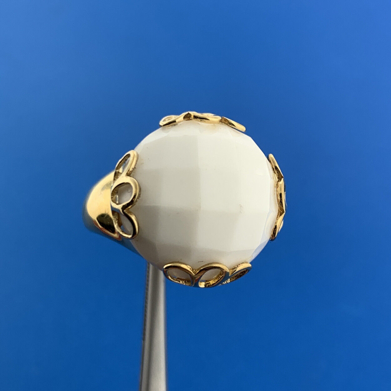 Italy Gold Toned Sterling Silver 925 Faceted White Scolecite Statement Dome Ring