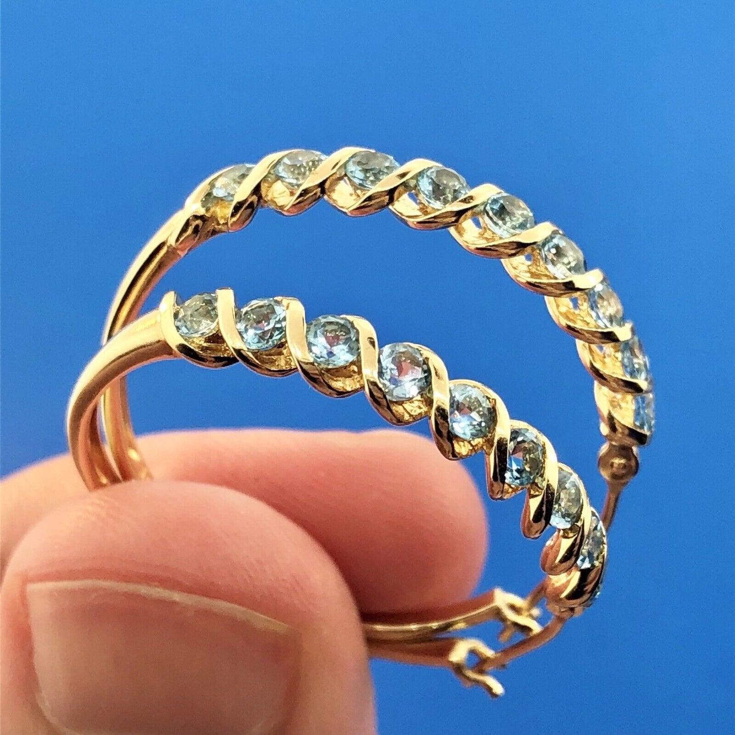 Retro 10K Yellow Gold Blue Topaz December Anniversary 2.ctw Hoop Earrings