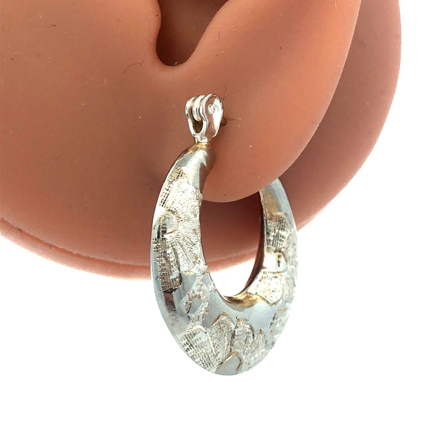 Designer Sterling Silver Floral Etched Polished Florentine Hollow Hoop Earrings