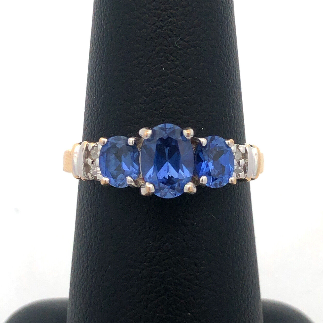 Designer JML 10K Yellow Gold Oval Tanzanite Trio Diamond Engagement Promise Ring