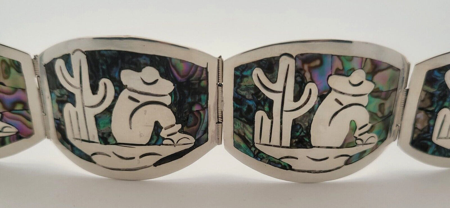 Vintage Mexico Taxco CS Sterling Silver Abalone Inlay Oval Panel Cuff Bracelet