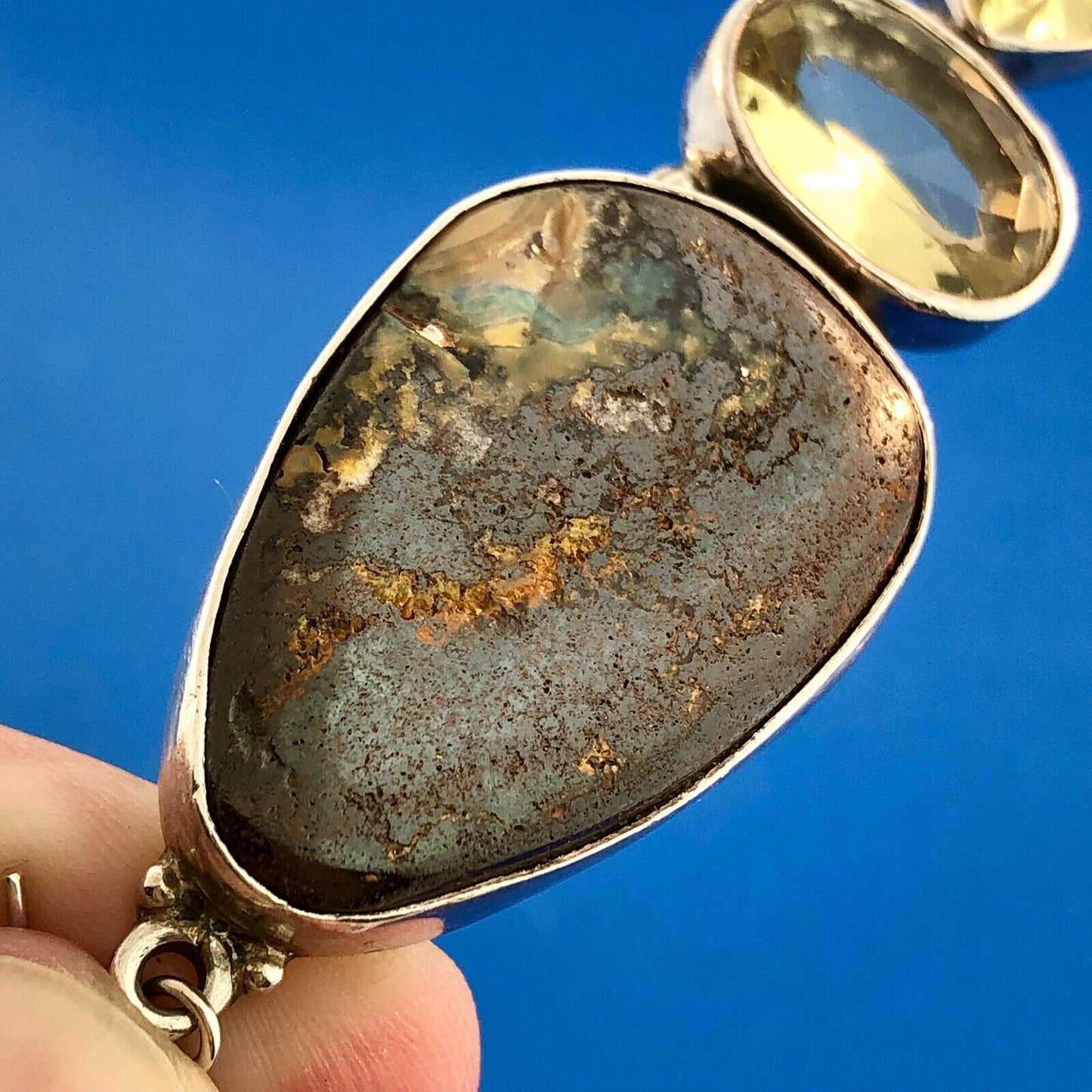 Retro 925 Sterling Silver Chunky Llanite Lemon Quartz Statement Dangle Earrings