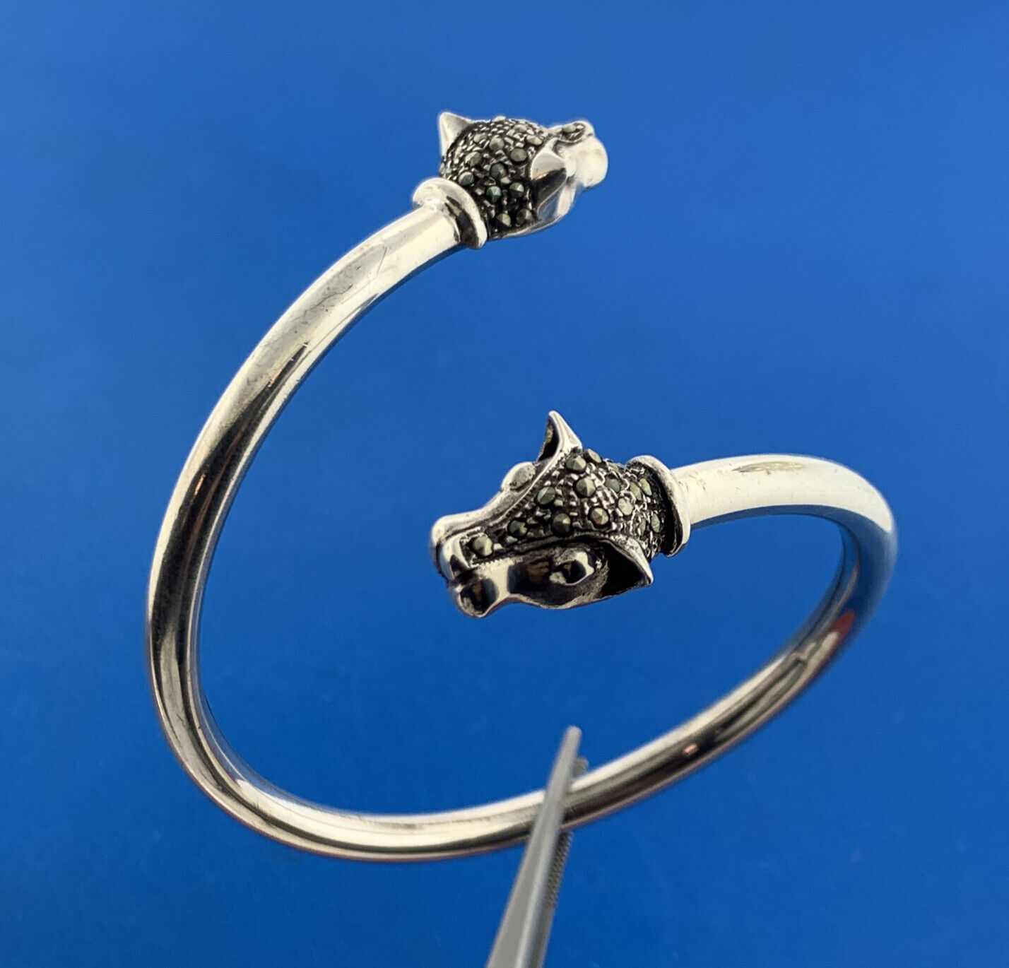 Art Deco Sterling Silver Marcasite Double Devil Dog Head Bypass Cuff Bracelet