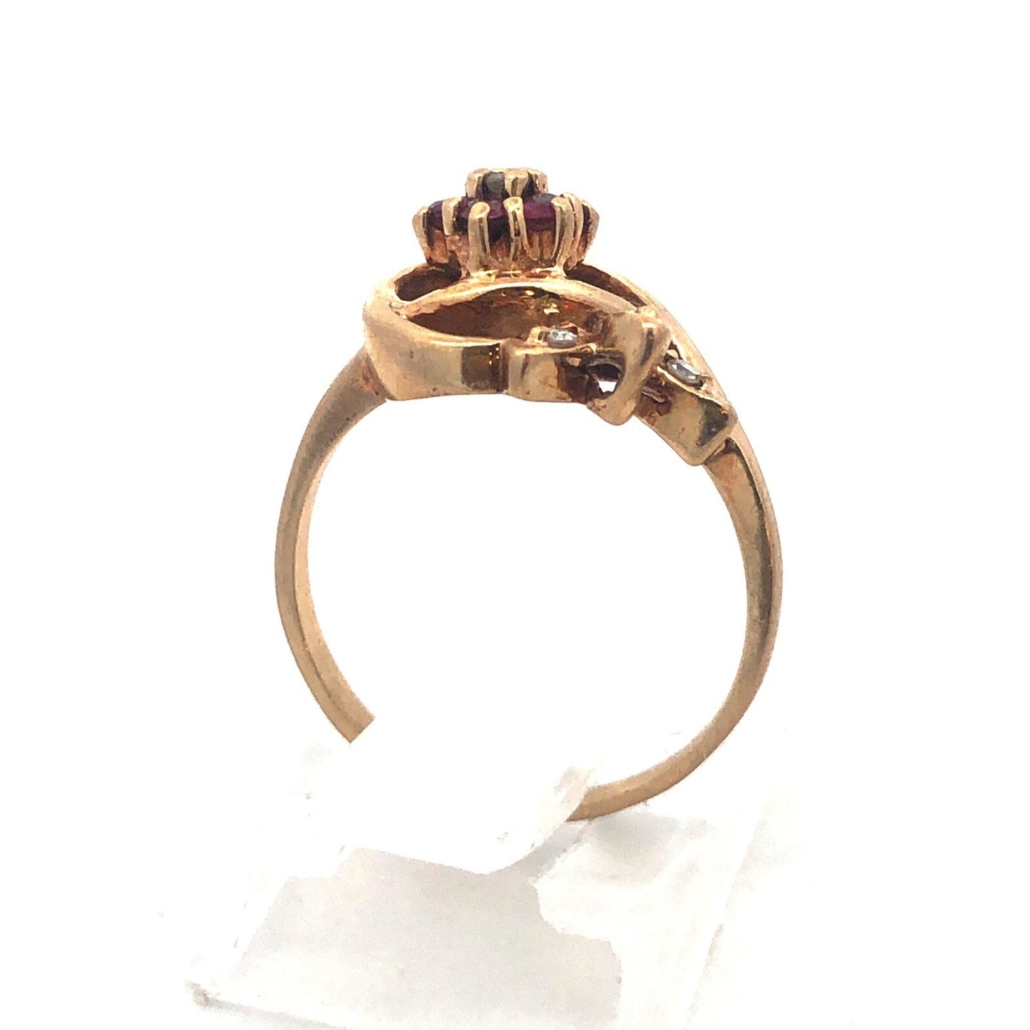 Vintage 10K Yellow Gold Ruby Diamond Free Form Rose Floral July Occasion Ring