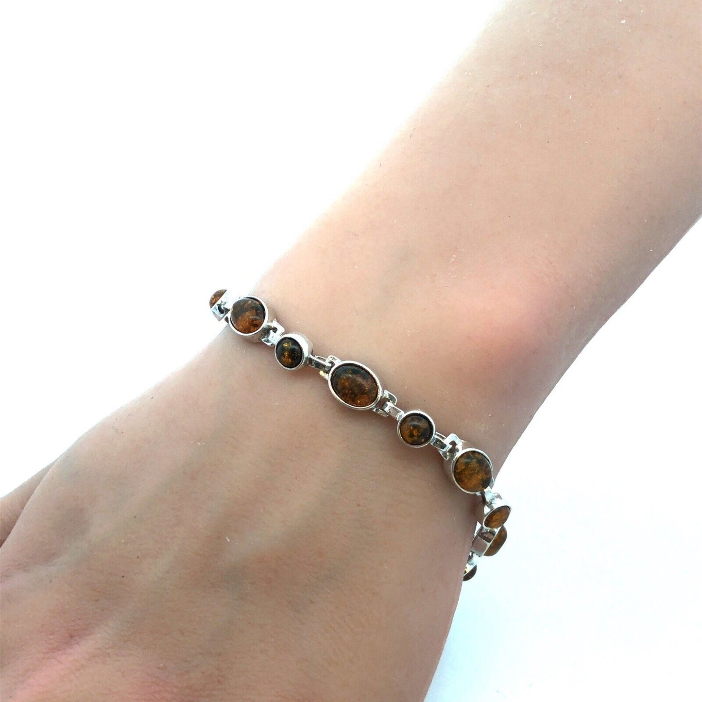 Vintage 925 Sterling Silver Oval Round Cabochon Amber Tennis Bracelet