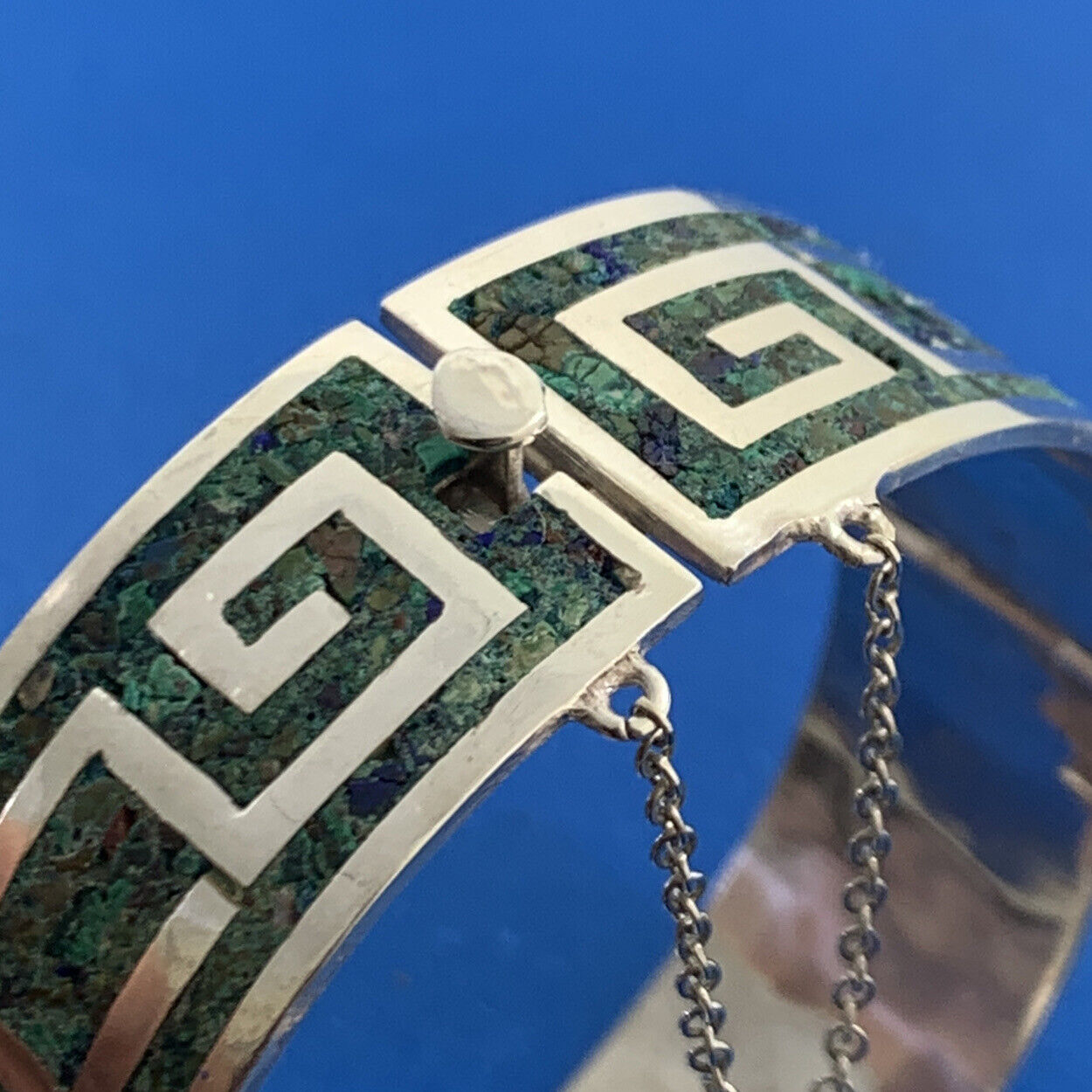 Taxco 925 Sterling Silver Mexico Turquoise Inlay Cuff Panel Bracelet