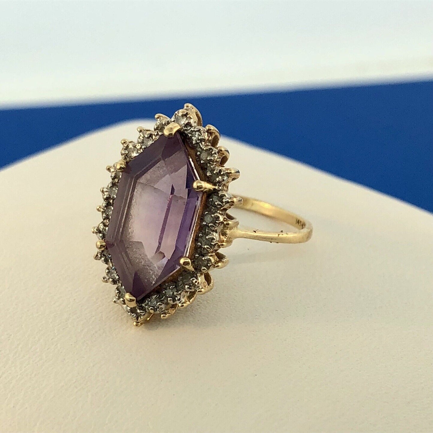 Estate 14K Yellow Gold Amethyst Diamond Halo February Anniversary Occasion Ring