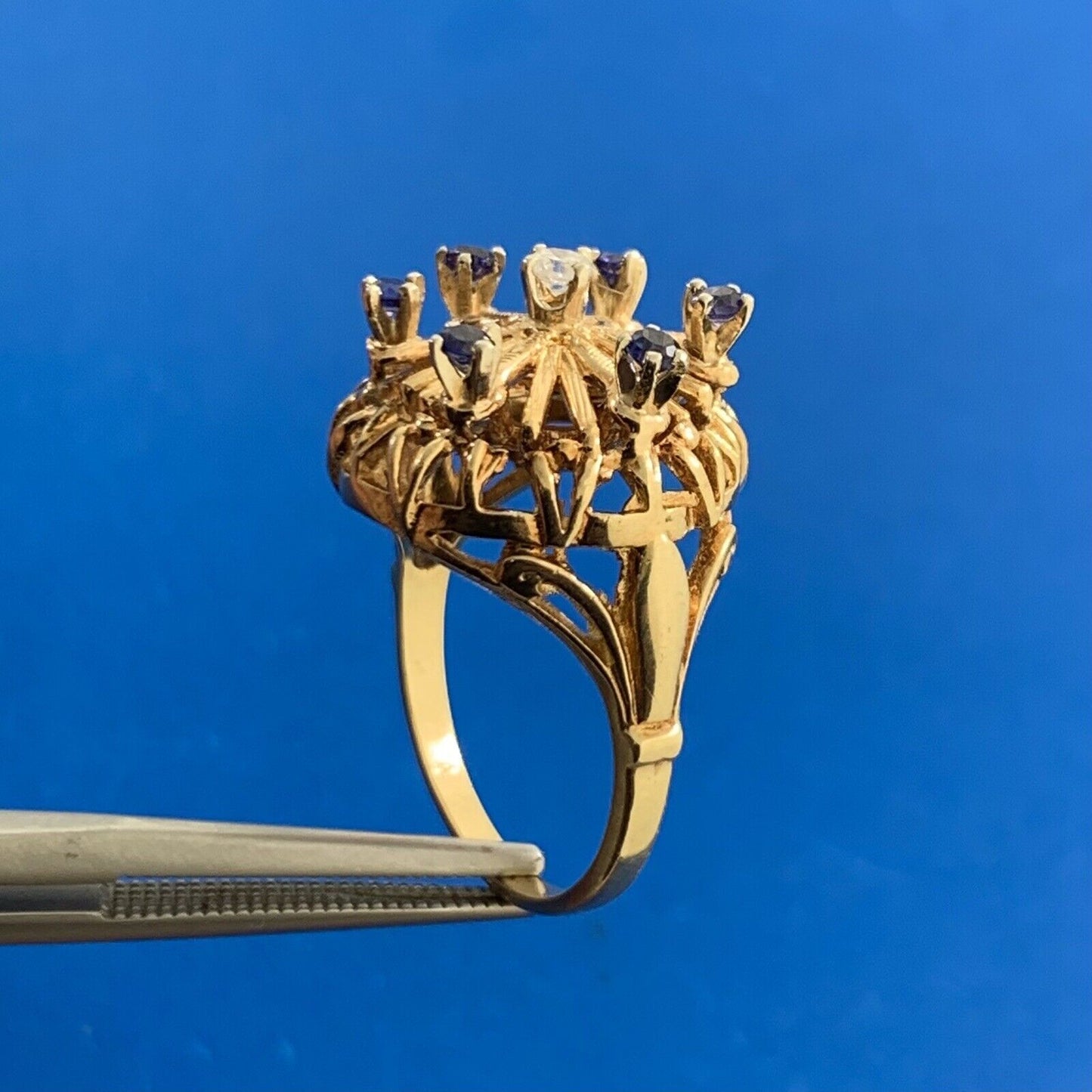 Designer 10K Yellow Gold Sapphire Diamond Starburst Crown Cocktail Ring