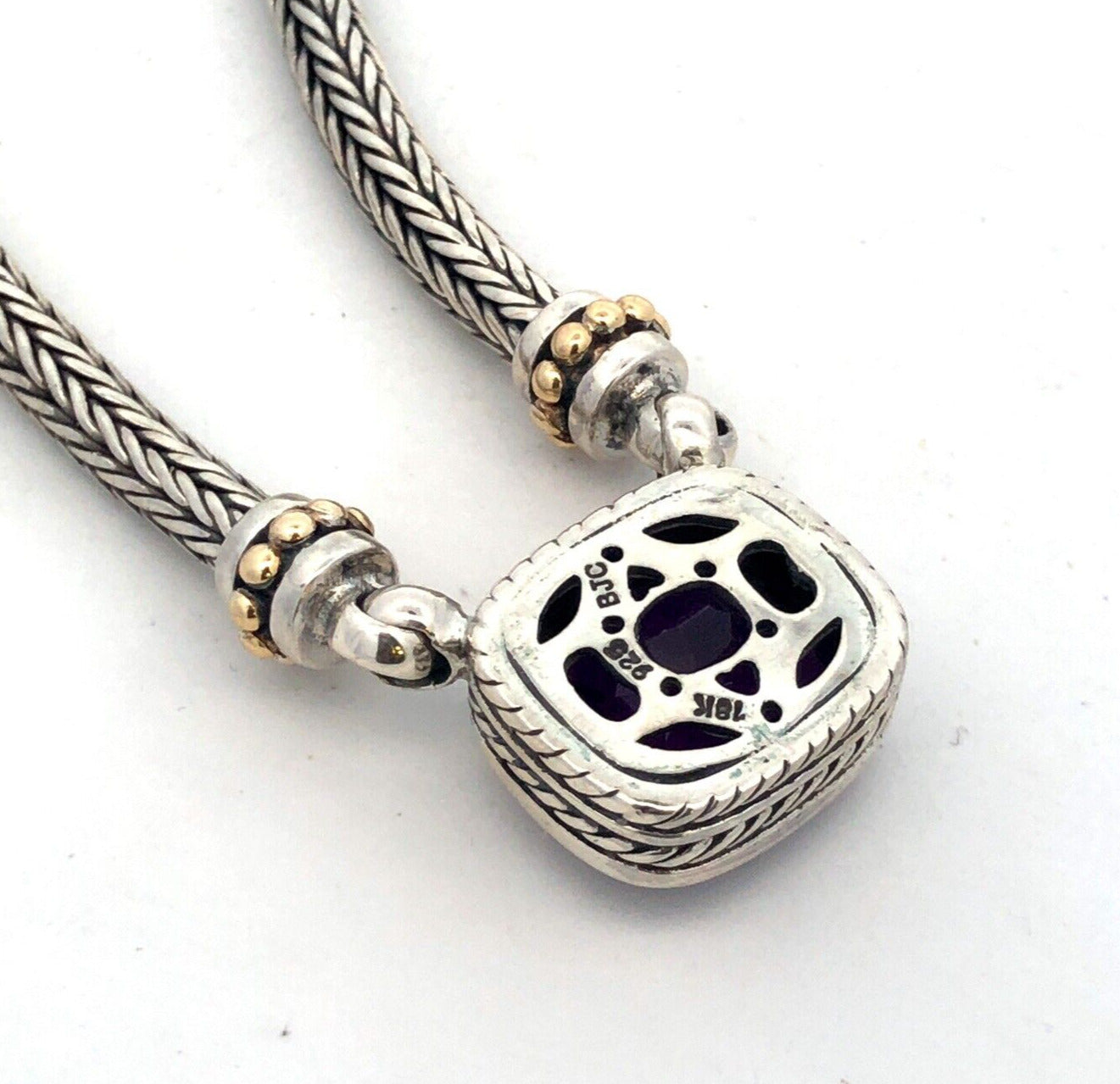 Samuel Benham BJC 925 Sterling Silver 18K Gold Cushion Amethyst Necklace