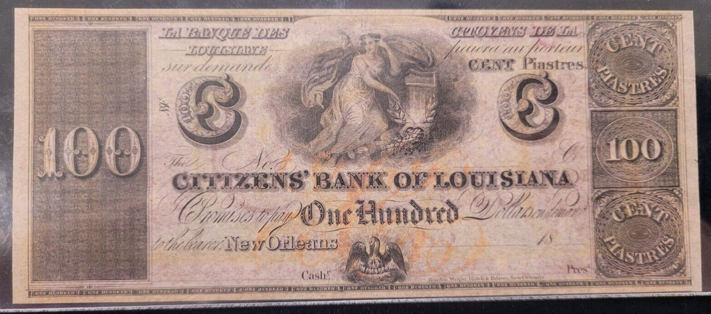 1800s $100 Citizens Bank of Louisiana PCGS Gem New 65PPQ Rare Obsolete Bank Note