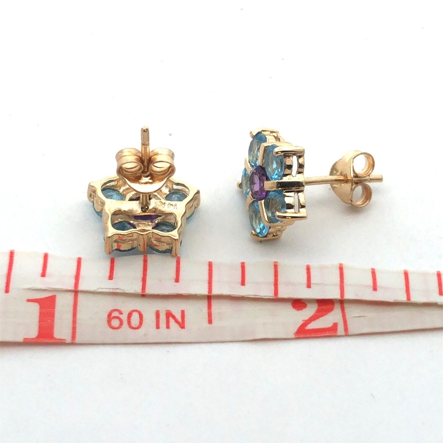 Estate 14K Yellow Gold Blue Topaz Amethyst Flower Statement Stud Earrings