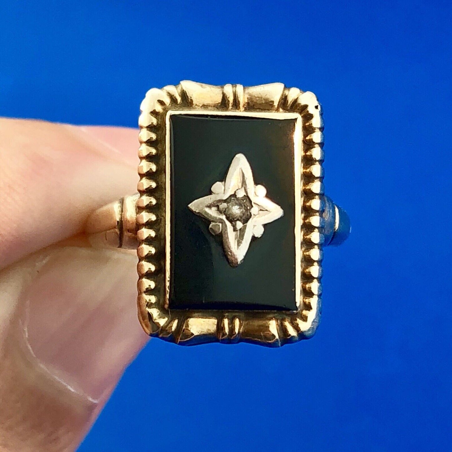 Art Deco Art Nouveau 10K Yellow White Gold Black Onyx Diamond Cocktail Ring