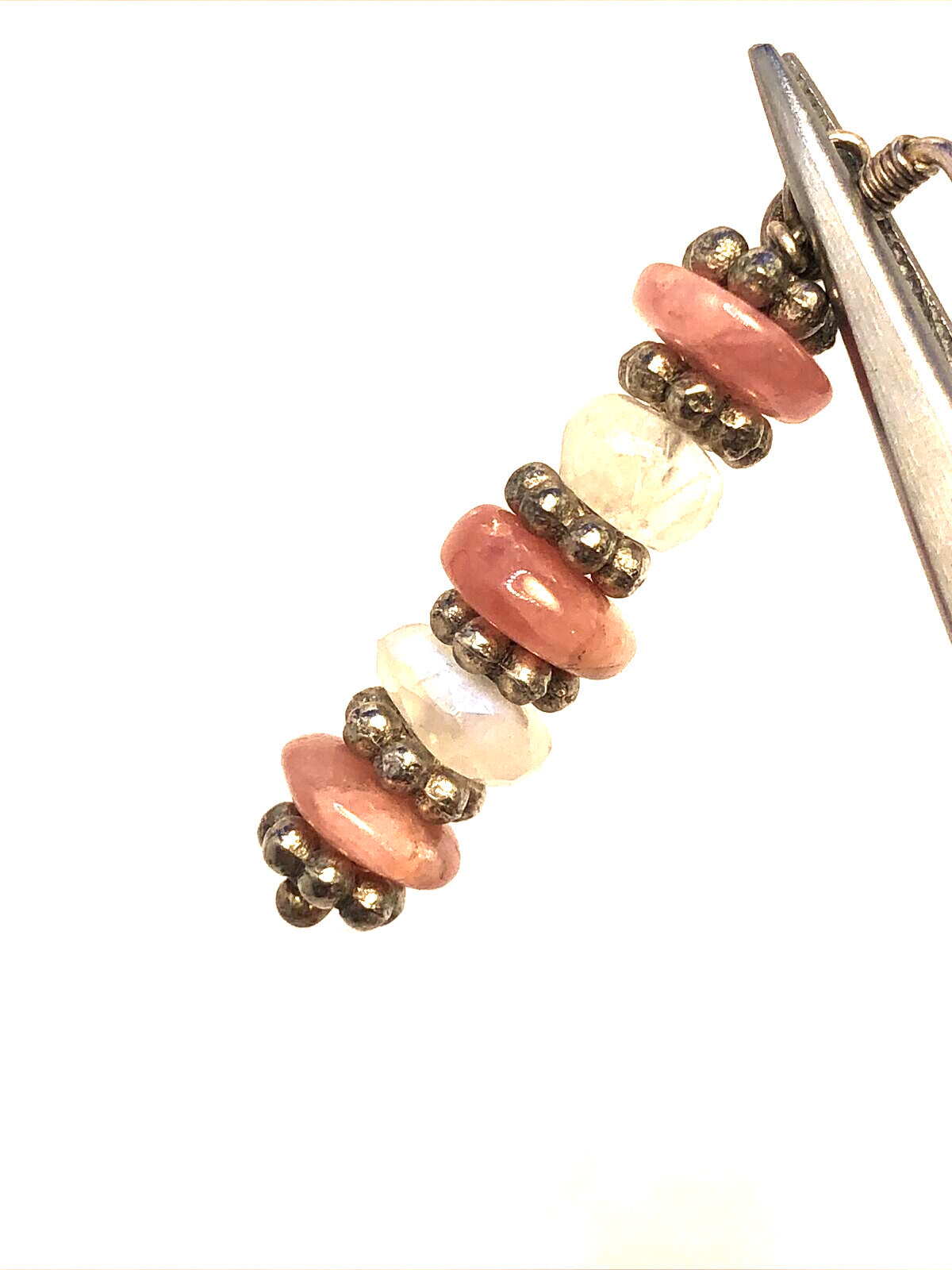 Sterling Silver 925 Pink Rhodochrosite and Moonstone Beaded Hook Dangle Earrings