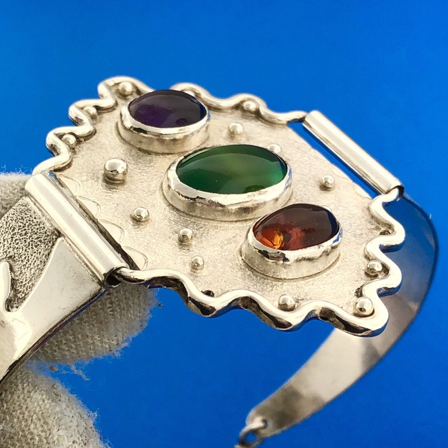 Native American Sterling Silver Amber Amethyst Green Tourmaline Cuff Bracelet