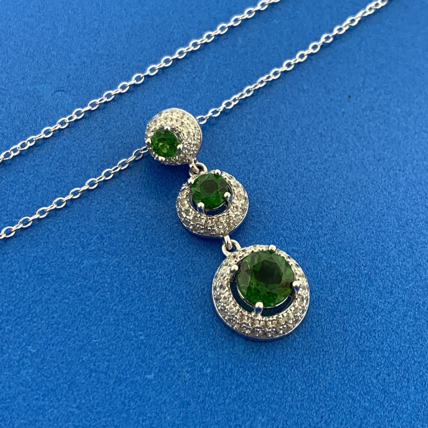 Sterling Silver 925 Round Cut Emerald Diamond Halo Triple Dangle 18" Necklace