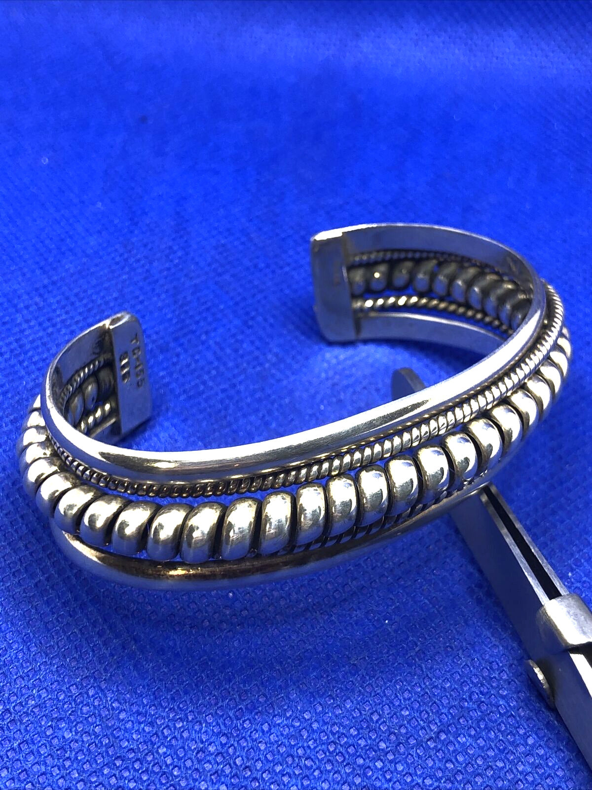 Taxco TC-155 925 Sterling Silver Ribbed Rope Twist Open Statement Cuff Bracelet