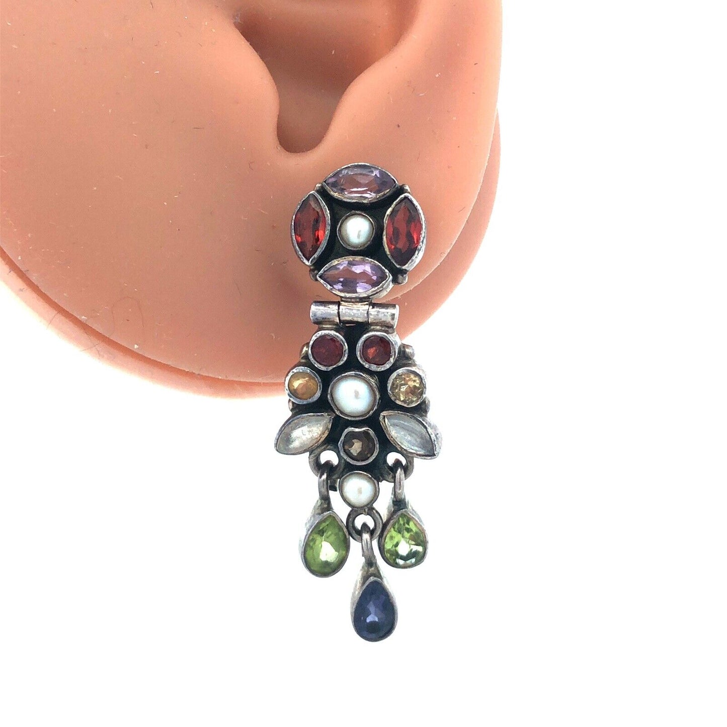 925 Sterling Silver Mixed Shaped Gemstone Floral Dangle Stud Earrings