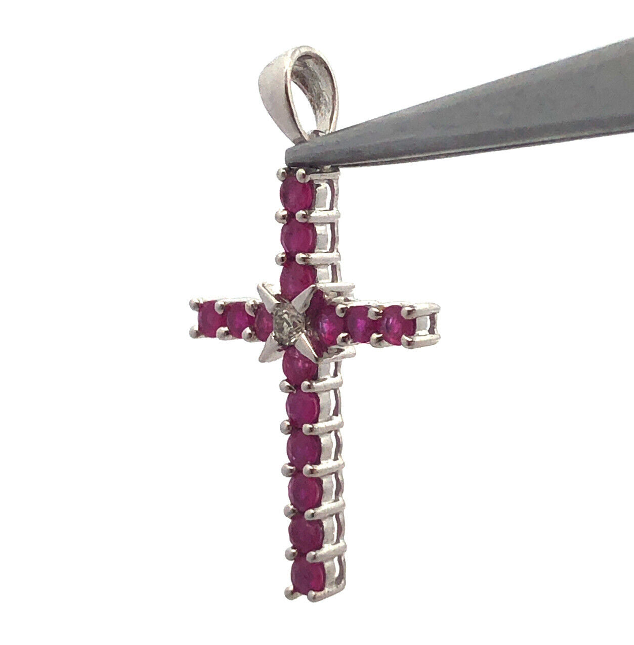 14K White Gold Ruby Diamond Cross Religious Communion Wedding July Pendant