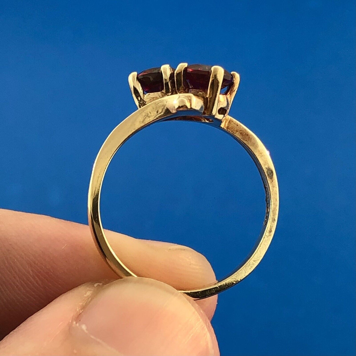 Designer 10K Yellow Gold Red Spinel Duo January Anniversary Modern Bypass Ring