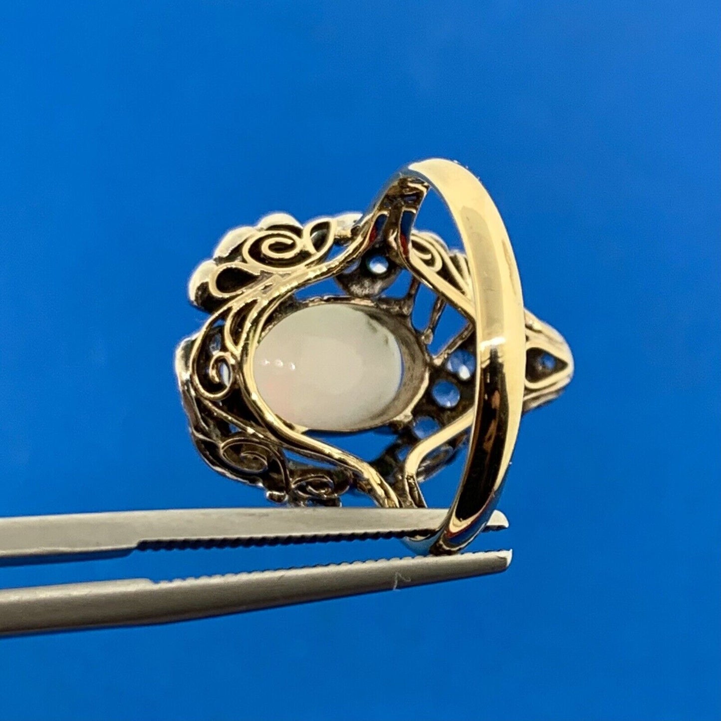 Vintage 10K Yellow Gold 925 Sterling Silver Opal White Amethyst Ring