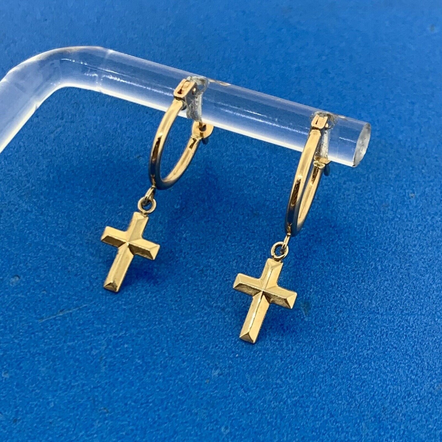Designer 10K Yellow Gold Cross Dangle Huggy Hoop Earrings