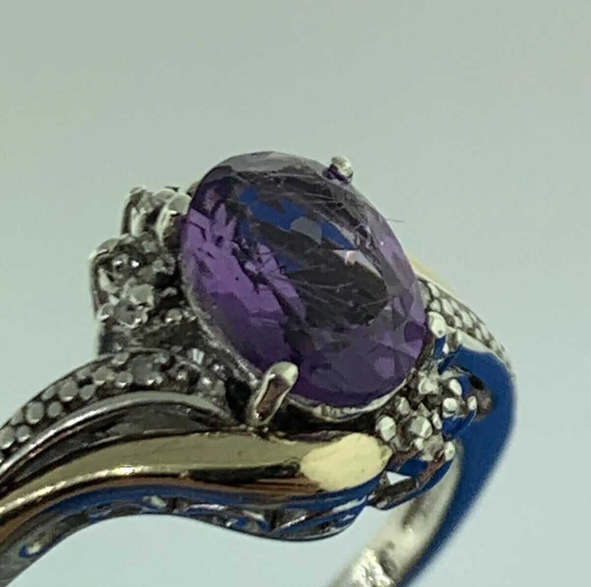 Designer 925 Sterling Silver 10K Gold Two Tone Amethyst Diamond Ring