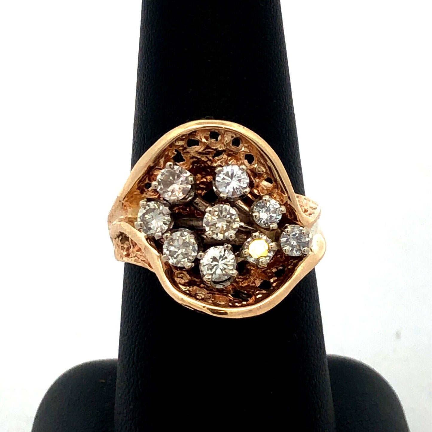 Estate 14K Yellow Gold Round Diamond Cluster Nugget Statement Ring