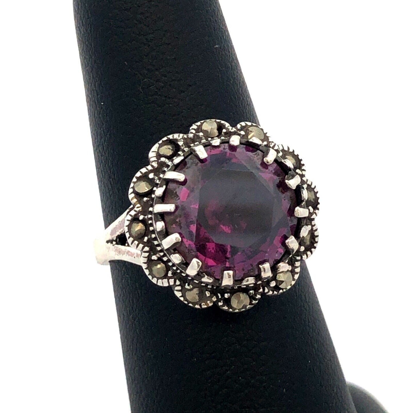 Vintage F 925 Sterling Silver Round Amethyst Marcasite Flower Cocktail Ring