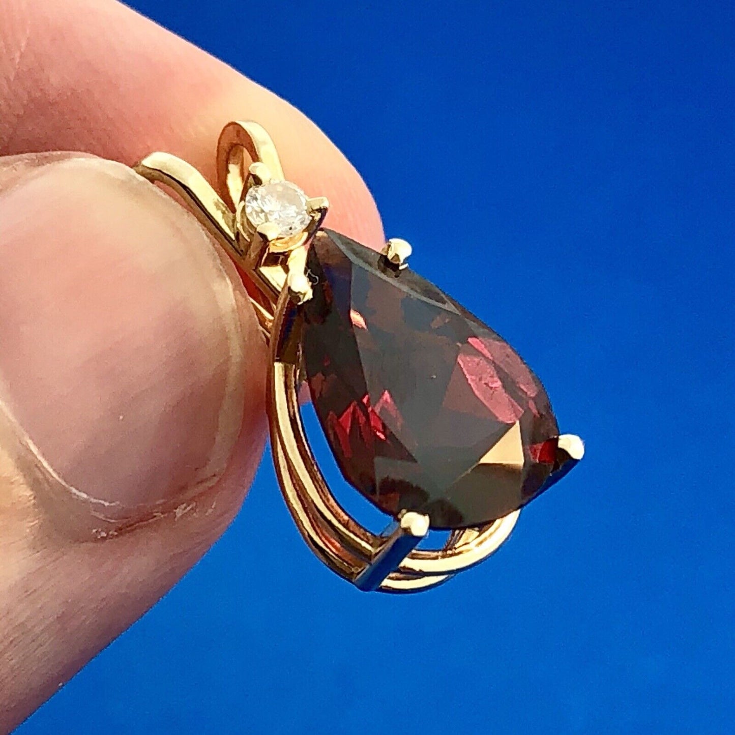 14K Yellow Gold Pear Garnet Diamond January Anniversary Statement Pendant