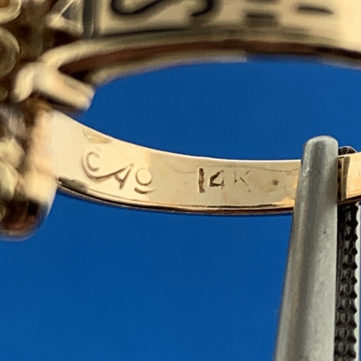 Art Deco Heirloom 14K Yellow Gold Diamond Trio Black Enamel Cocktail Ring