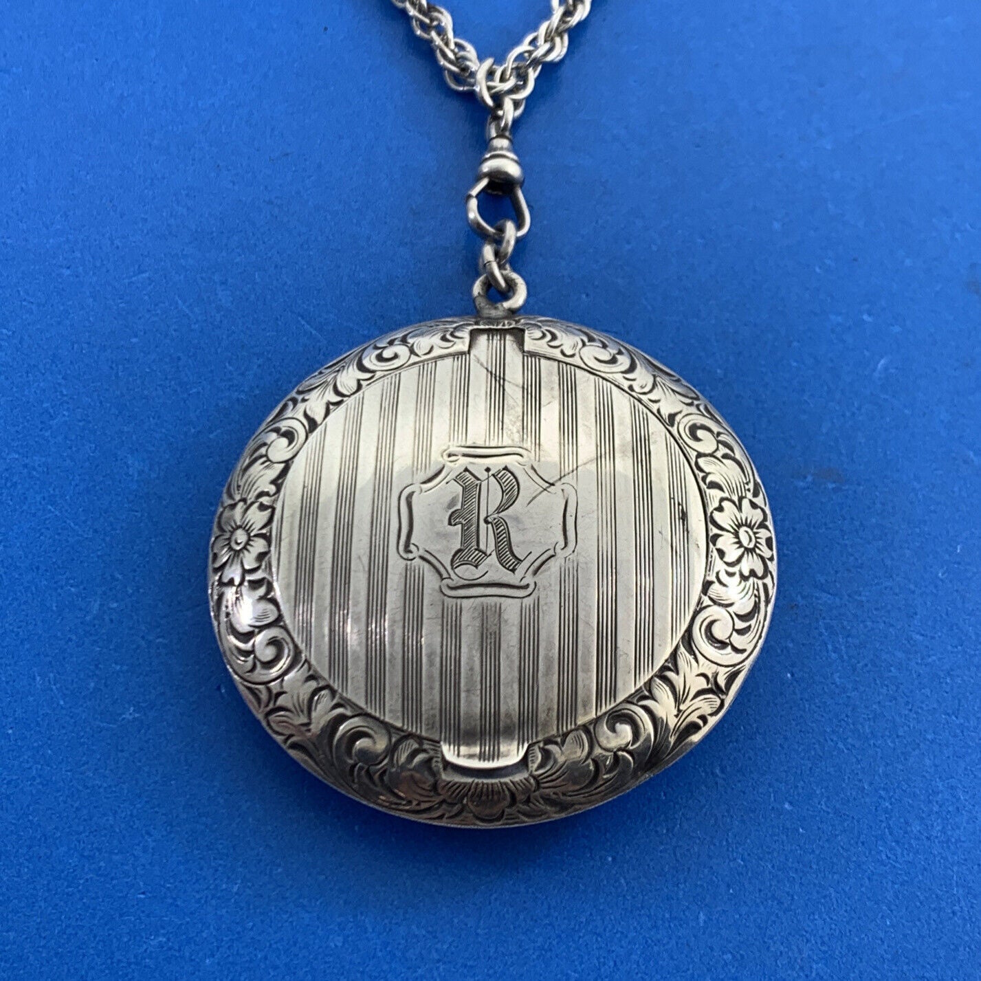 Monogrammed RNC 925 Sterling Silver Floral Scroll Compact With Silver Tone Chain