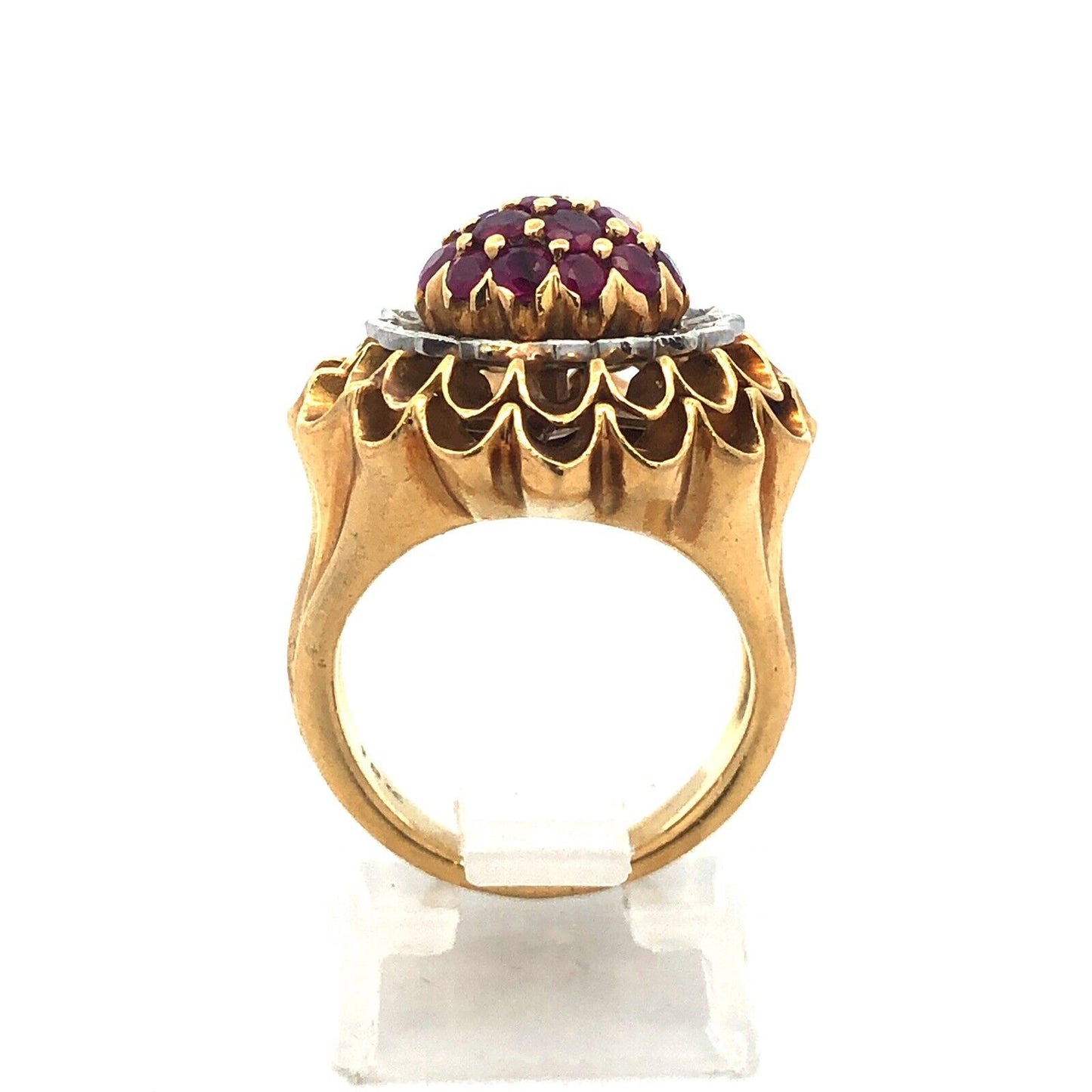 Vintage Artisan 18 Yellow Gold Ruby Diamond Cluster Dome Statement Cocktail Ring