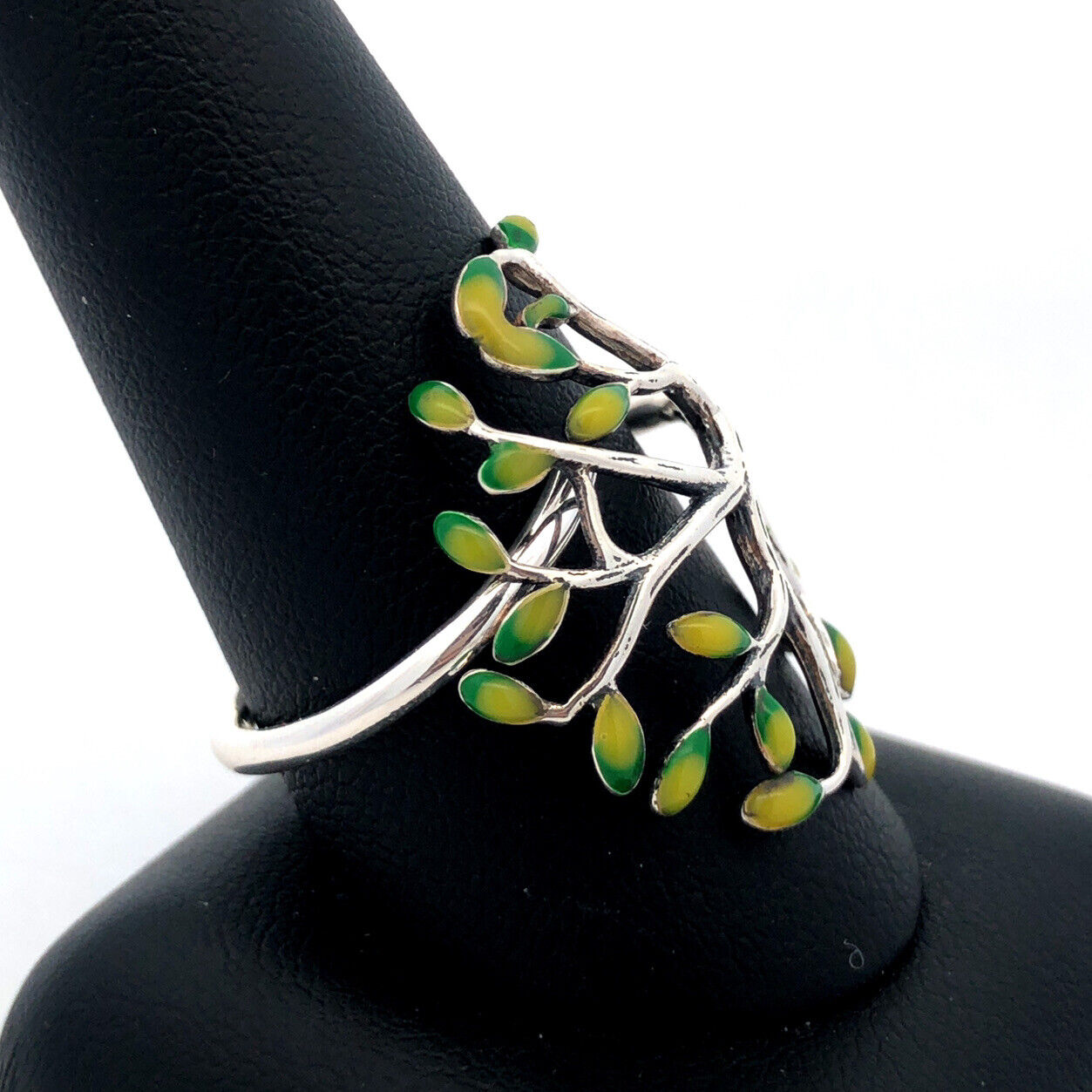 925 Sterling Silver Vintage Green Enamel Tree Of Life Leaves Nature Ring