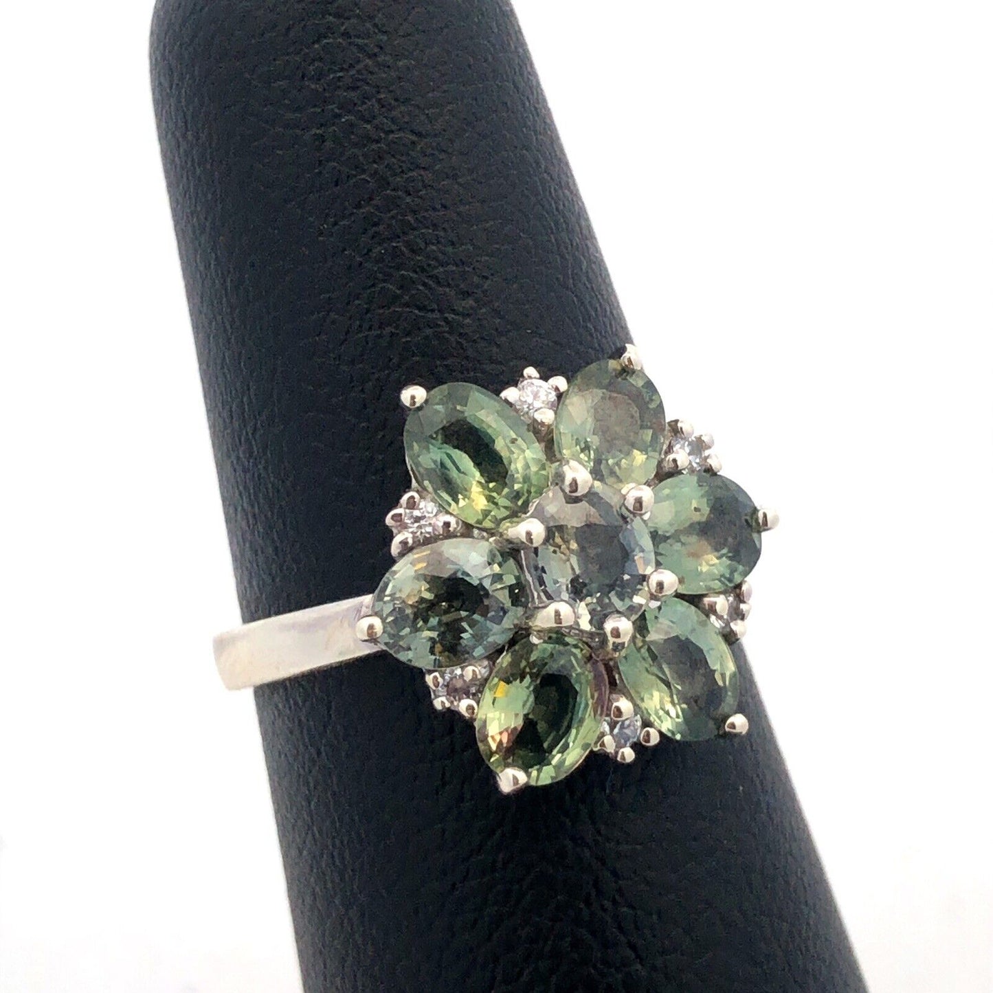 Designer TGGC 10K White Gold Oval Green Topaz Round Diamond Accent Cocktail Ring