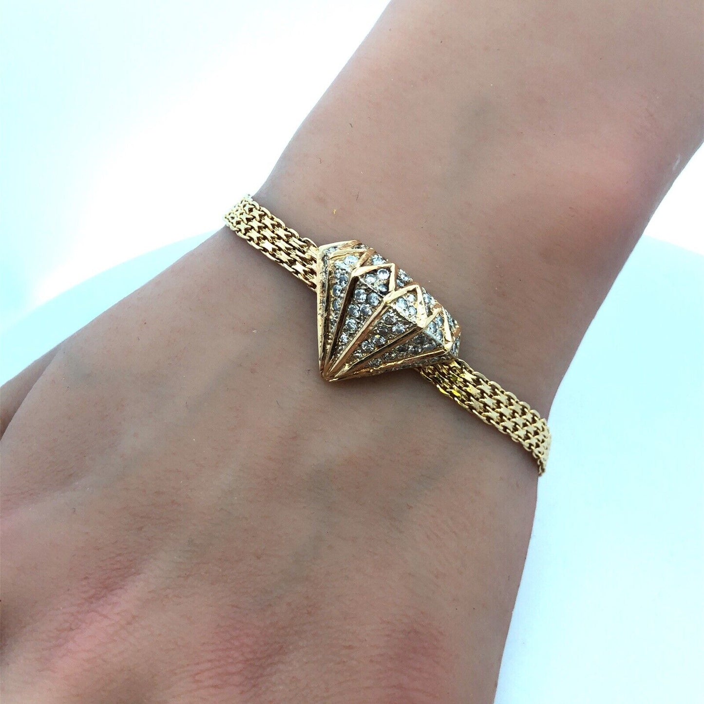 Estate 14K Yellow Gold Custom Round Diamond Statement Mesh Link Bracelet