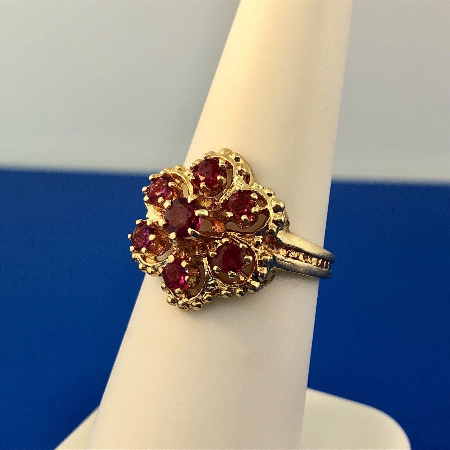 Perfect 14K Yellow Gold Ruby Flower Cluster July Anniversary Sweetheart Ring