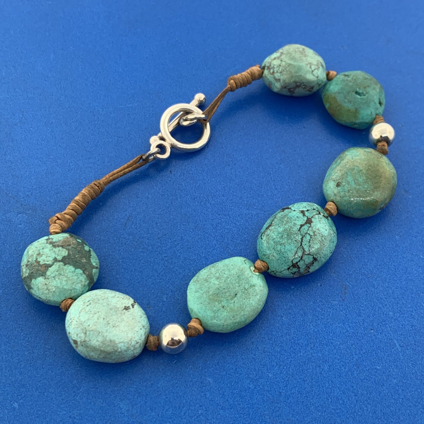 Artisan Sterling Silver 925 Chunky Turquoise Bead Leather Cord Toggle Bracelet