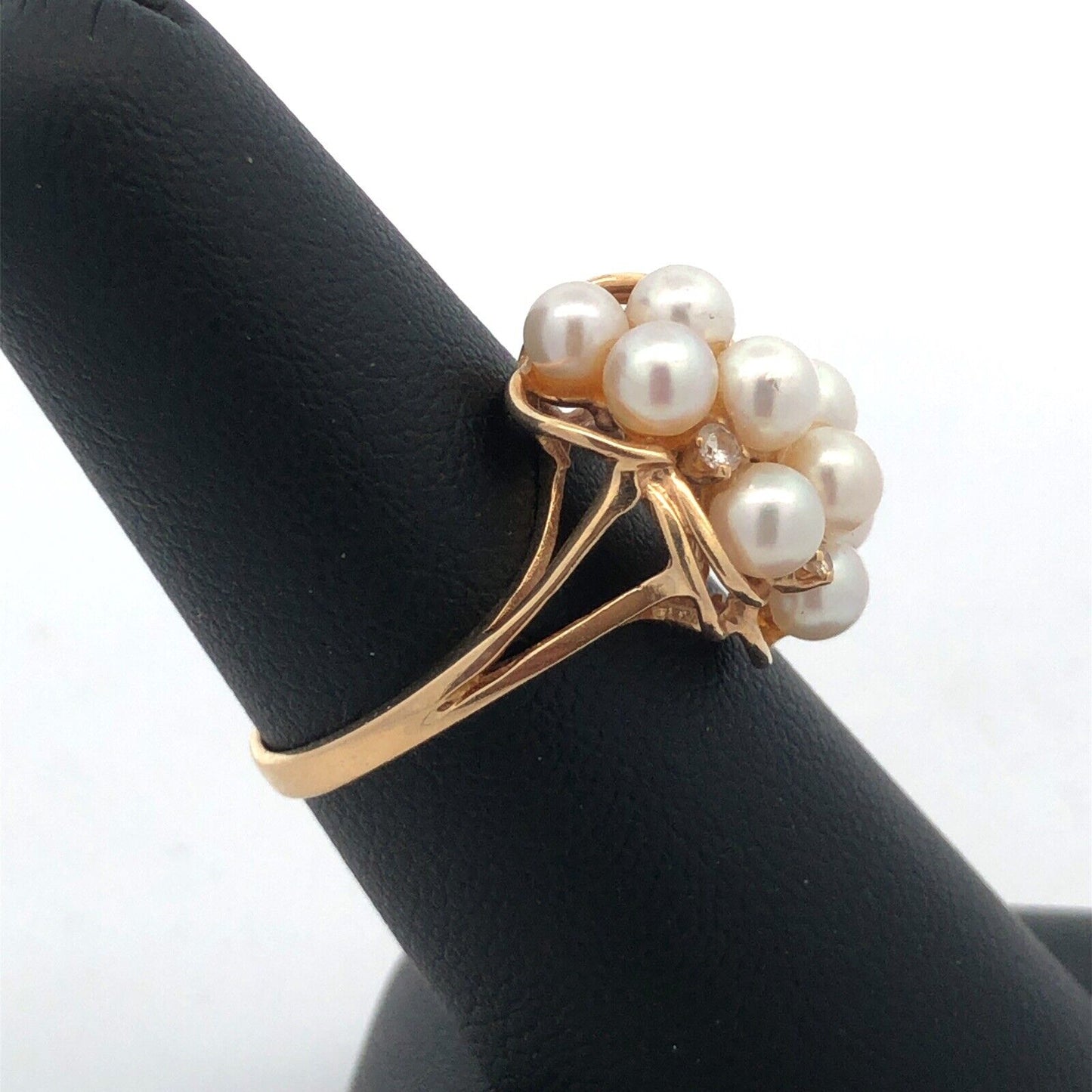 Designer 14K Yellow Gold Pearl Diamond Accented Modernist Cluster Cocktail Ring