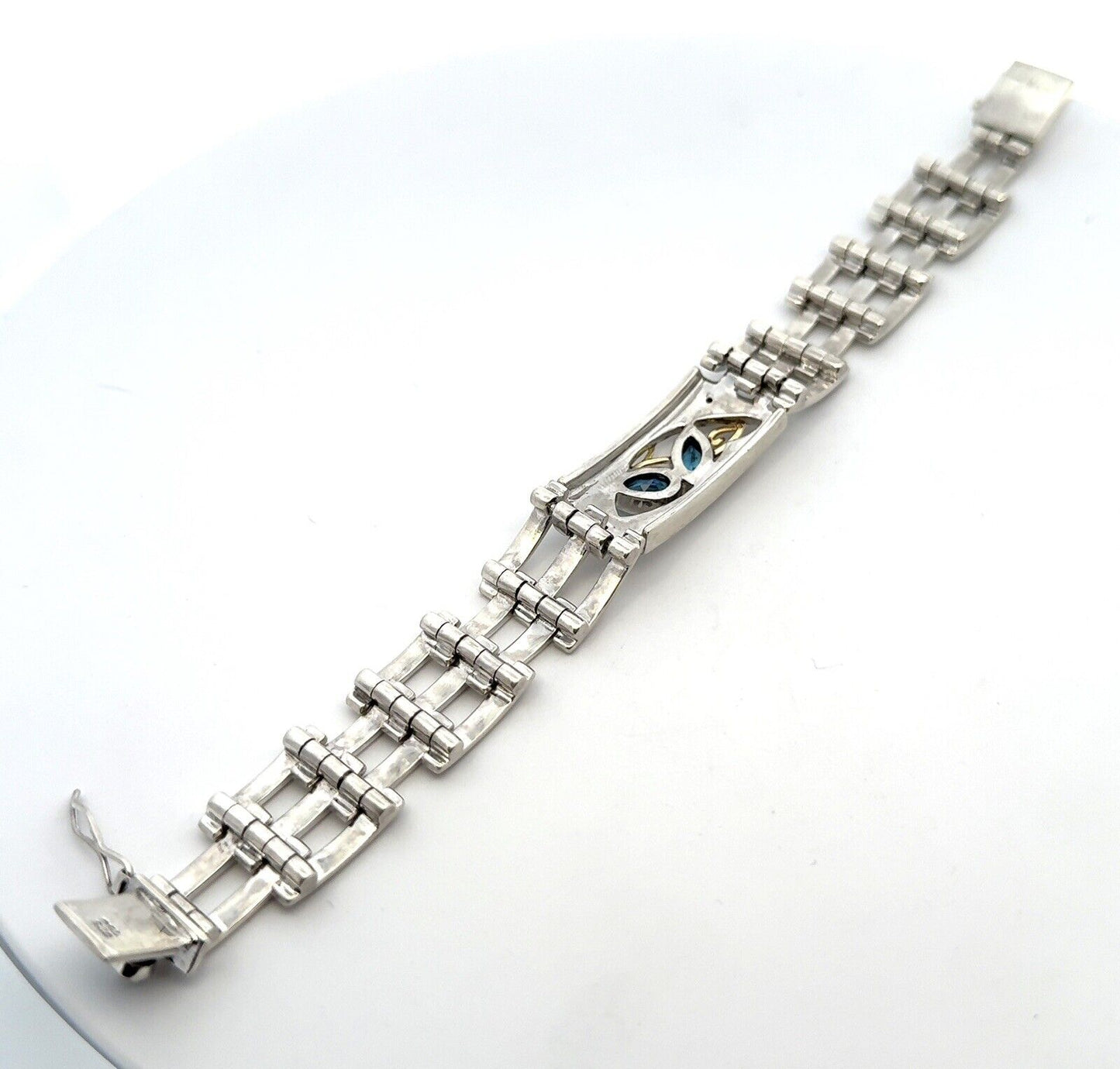 Unisex 18K Yellow Gold Sterling Silver Blue Topaz Diamond Modernist Bracelet
