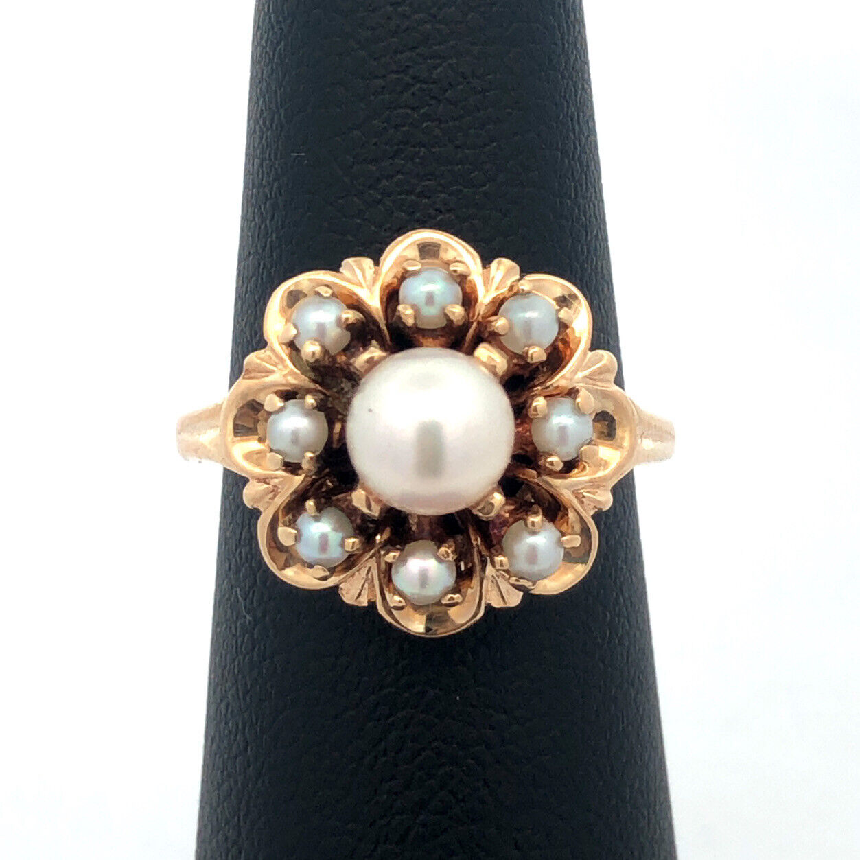 Vintage 14K Yellow Gold Pearl Solitaire With Pearl Halo Anniversary Ring
