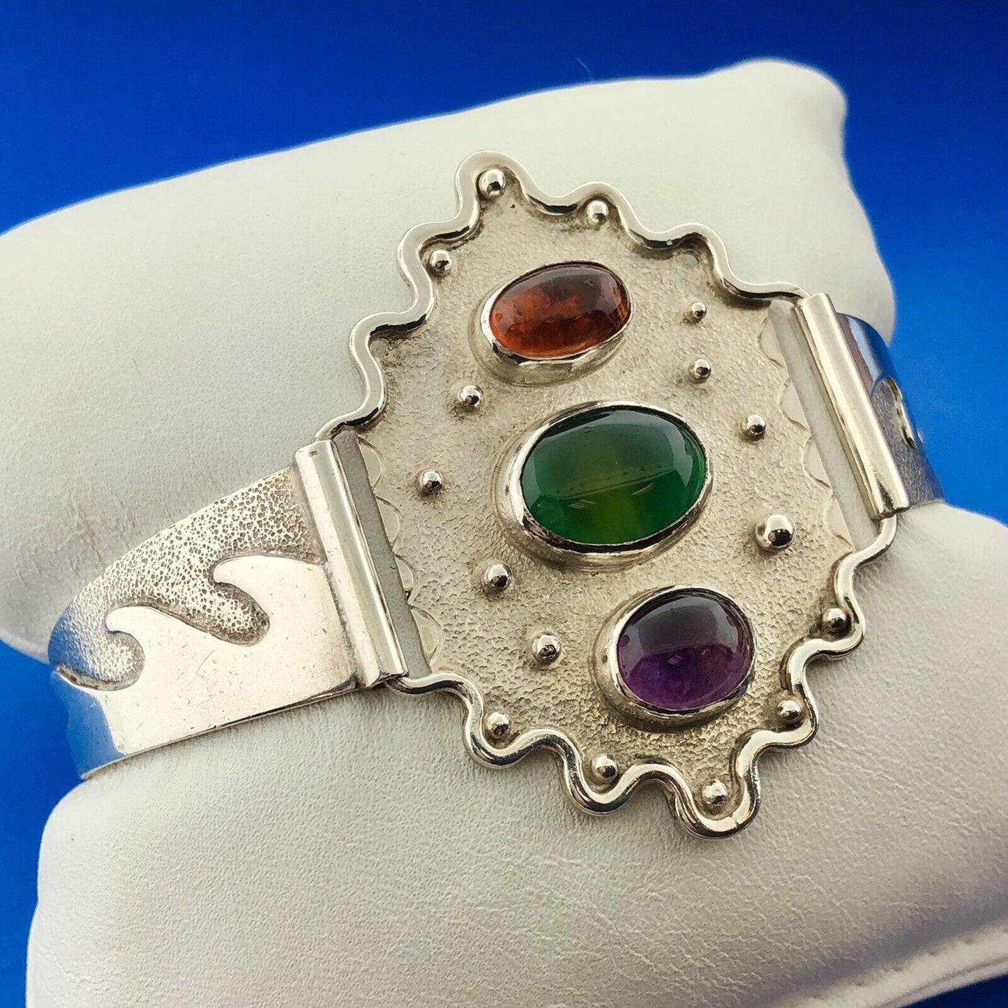 Native American Sterling Silver Amber Amethyst Green Tourmaline Cuff Bracelet