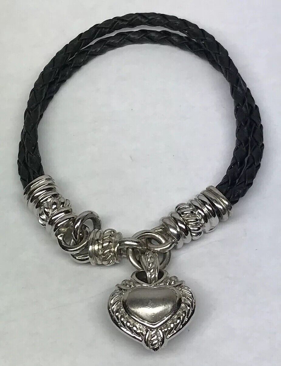 Judith Ripka Sterling Silver 925 Diamonique CZ Heart Charm Leather Bracelet