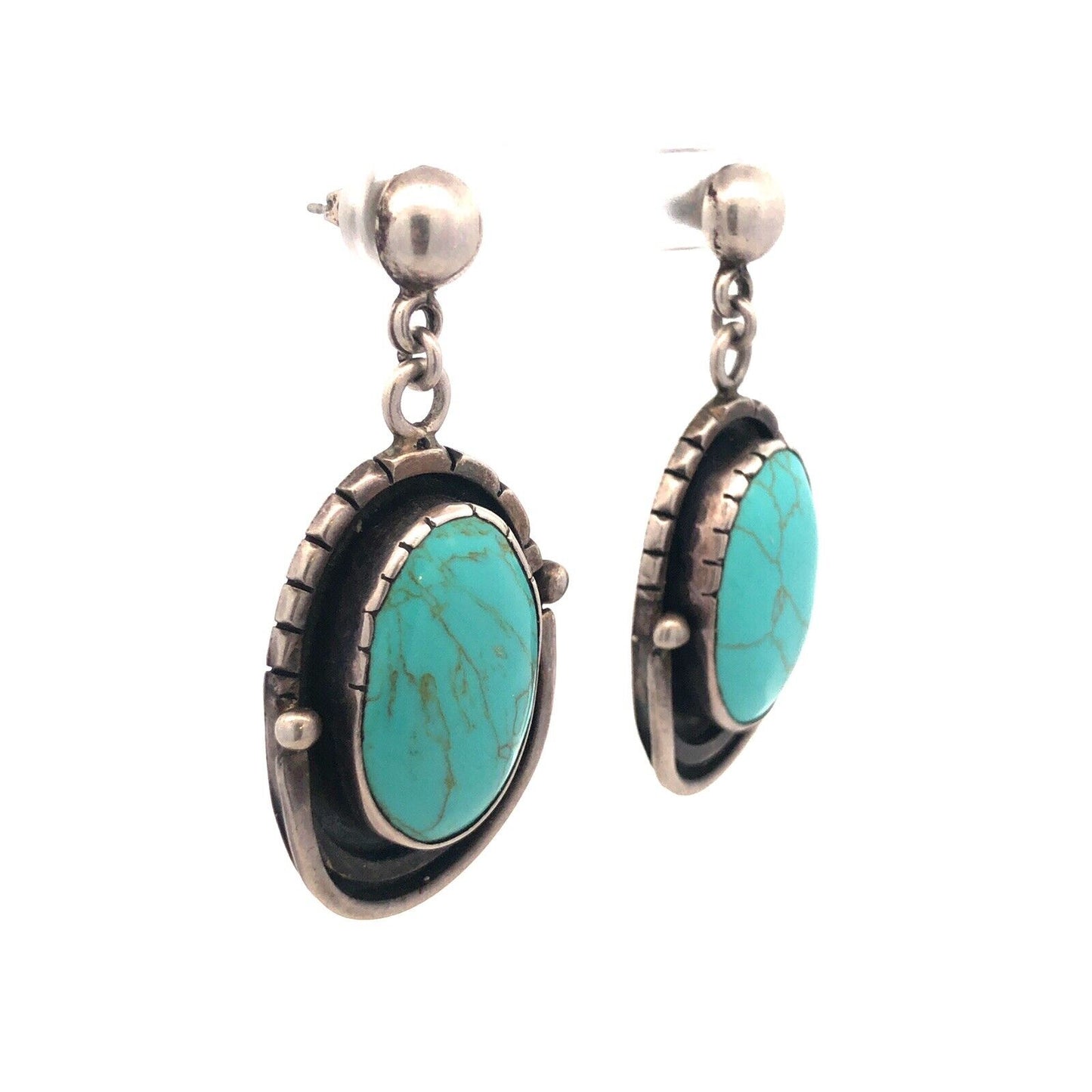 Modernist HOB Mexico 925 Sterling Silver Turquoise Statement Dangle Stud Ea