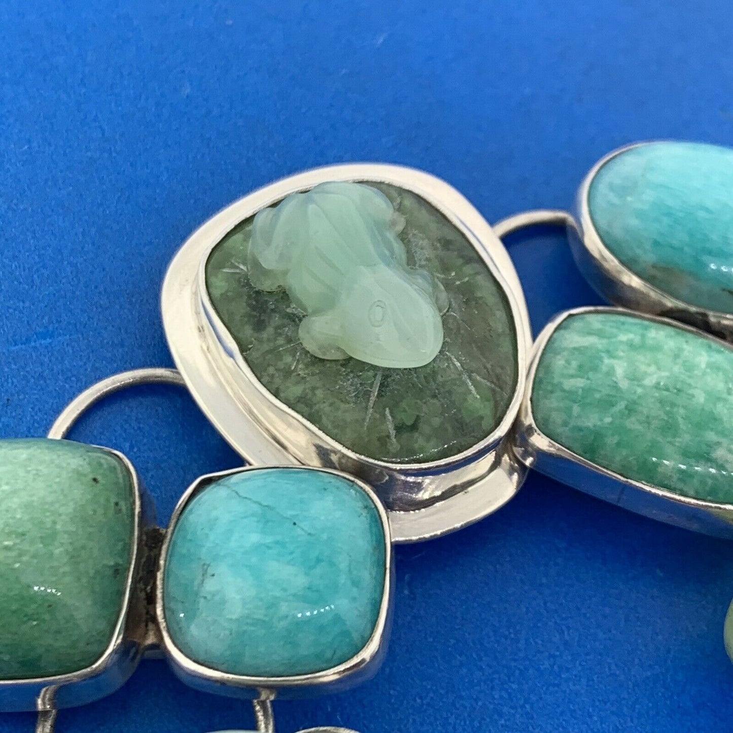 Amy Kahn Russell 925 Sterling Silver Mixed Carved Gemstone Statement Bracelet