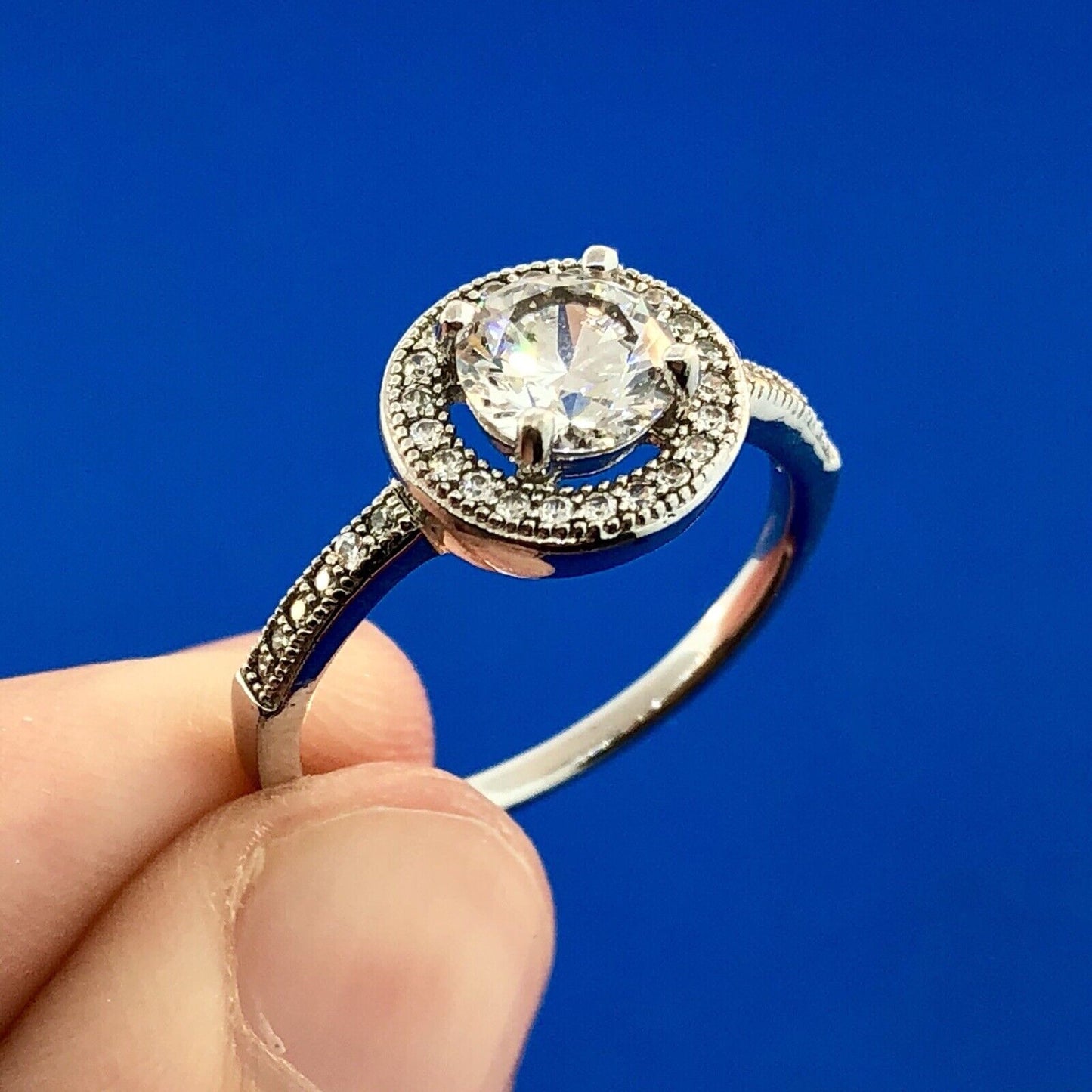 Sterling Silver 925 Cubic Zirconia CZ Solitaire Halo Engagement Ring