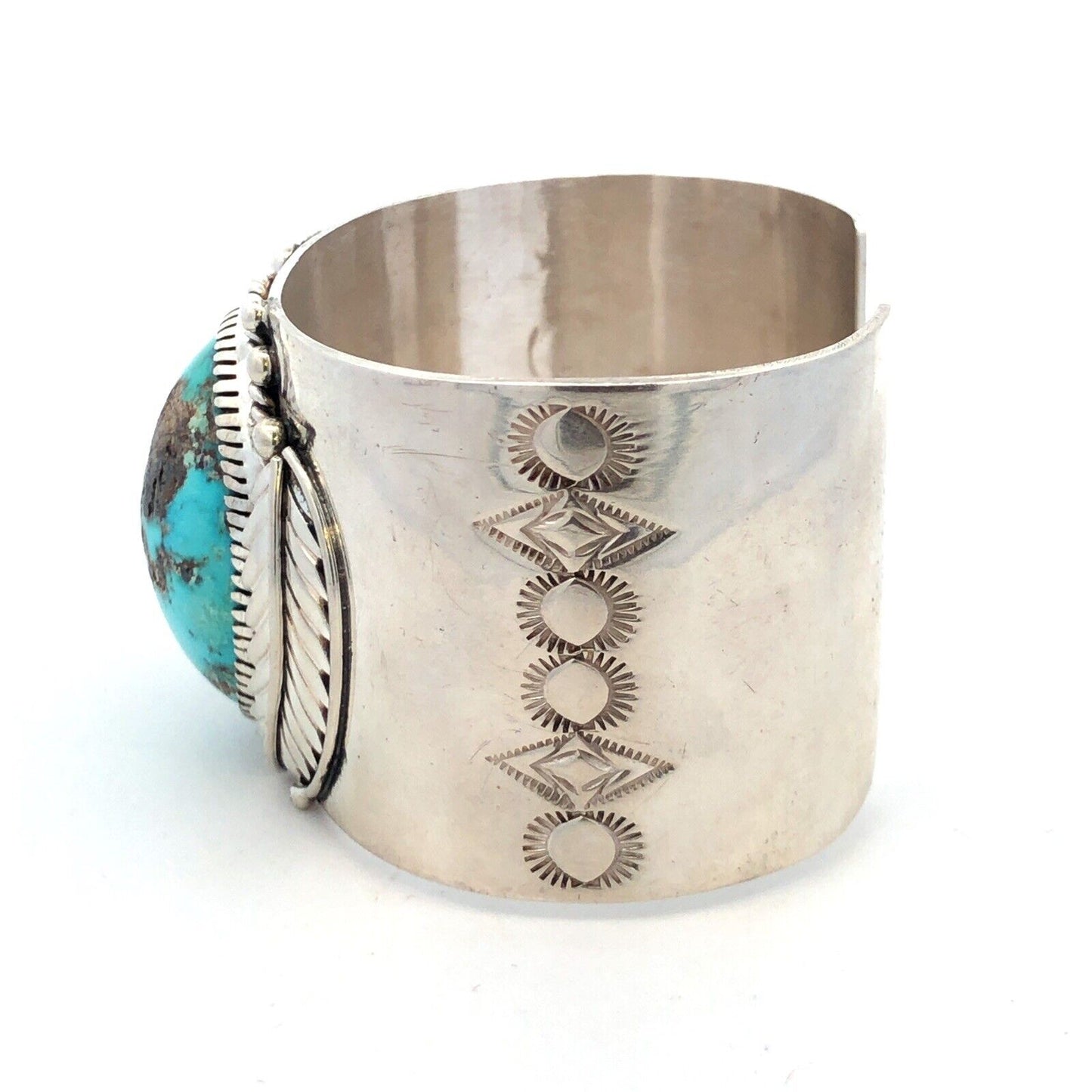 Native American Marian Nez 925 Sterling Silver Oval Turquoise Wide Cuff Bracelet