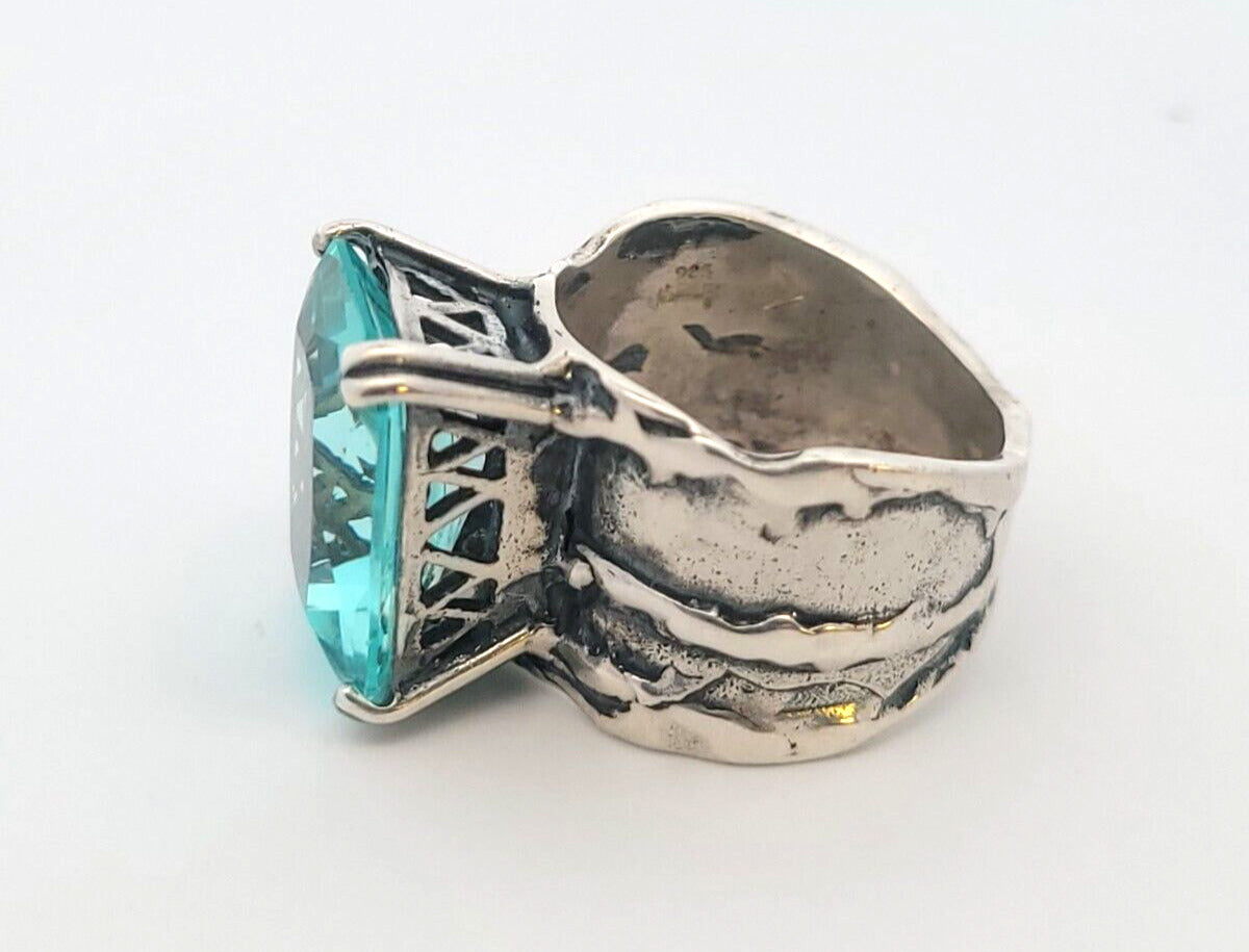 Designer 925 Sterling Silver Radiant Cut Blue Topaz Size 6.75 Wide Band Ring