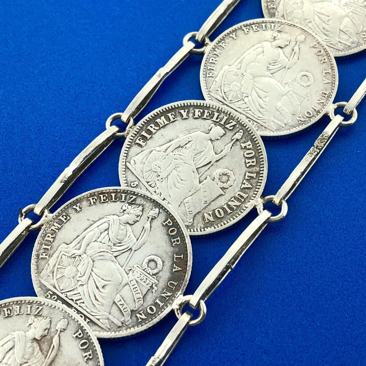Vintage 925 Sterling Silver 900 Fine Peru 1/5 Sol Eight Coin Panel Bracelet