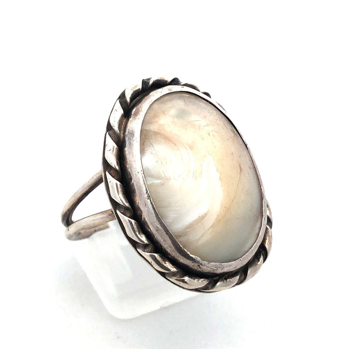 Vintage 925 Sterling Silver Oval White Lace Agate Cabochon Large Size 12.5 Ring